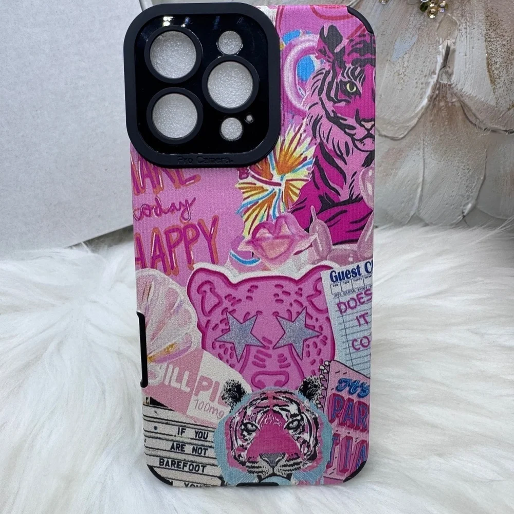 Vibrant Pink Tiger Graphic Themed iPhone 16 Pro Max Case with pink Beaded Strap